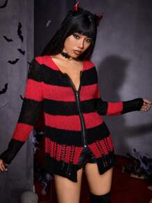 SHEIN ICON Halloween Striped Pattern Zip Up Cardigan - Multicolor - View 2