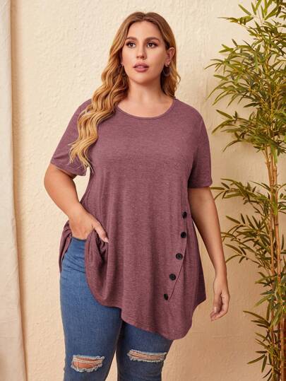 EMERY ROSE Talla grande Camiseta con diseño de botón bajo asimétrico