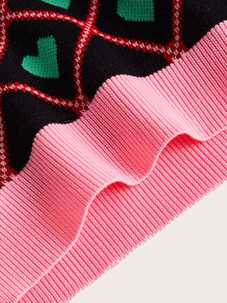 SHEIN Qutie הדפס לב ומשובץ טופ סרוג קצר - ריבוי צבעים - ראה 4