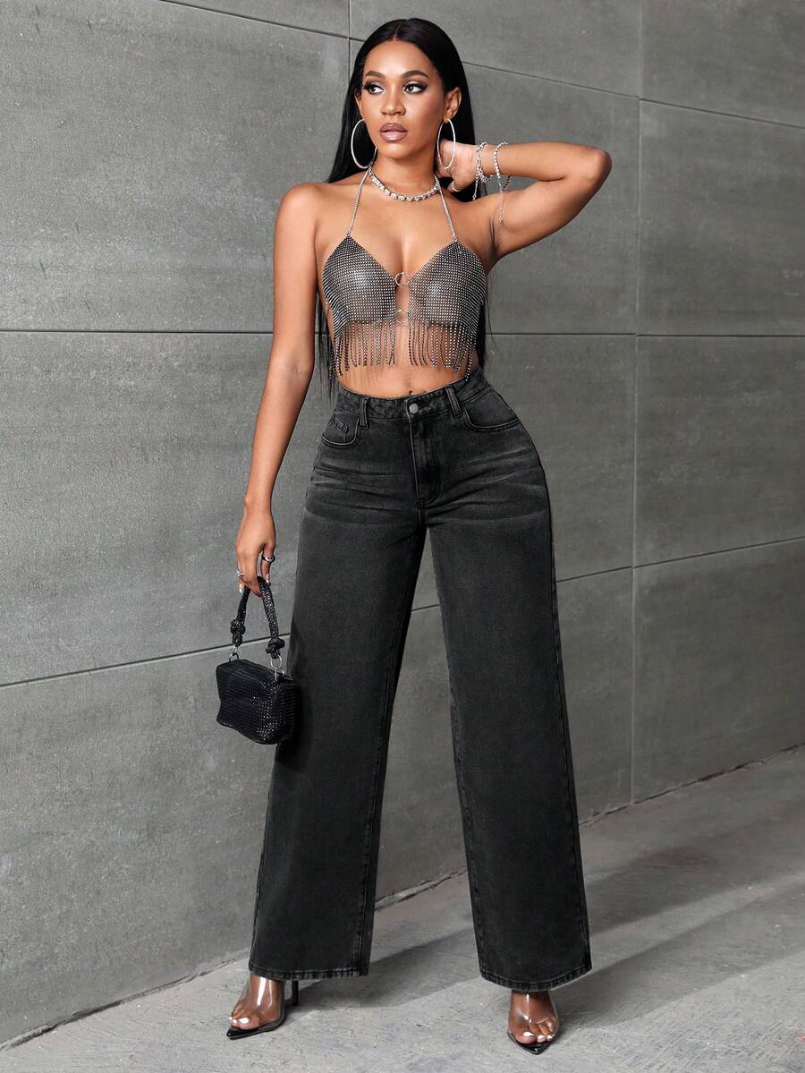 SHEIN SXY quần ống rộng Quần jean - màu đen - Xem 1