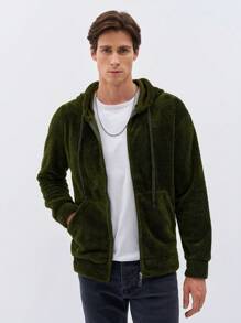 RueChic Men 1pc Zip Up Drawstring Hooded Teddy Jacket - Dark Green - View 1