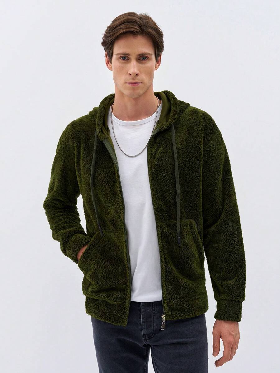 RueChic Men 1pc Zip Up Drawstring Hooded Teddy Jacket - Dark Green - View 1