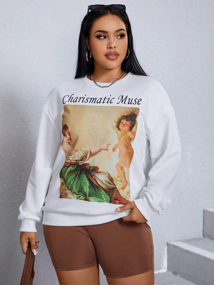 Plus Figure & Slogan Graphic Drop Shoulder Sweatshirt