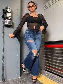 SHEIN EZwear Plus Ripped Flare Leg Jeans - Dark Wash - View 4