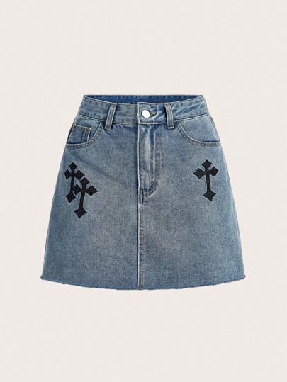 Grunge Punk Casual And Versatile Cross Embroidered Denim Mini Skirt For Women, Suitable For School, Daily Wear And Work