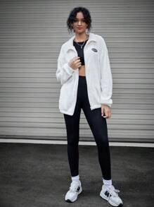 SWAVVY 1pc Loose Fit Teddy Jacket With Letter Patches And Drop Shoulder Design - White - View 5