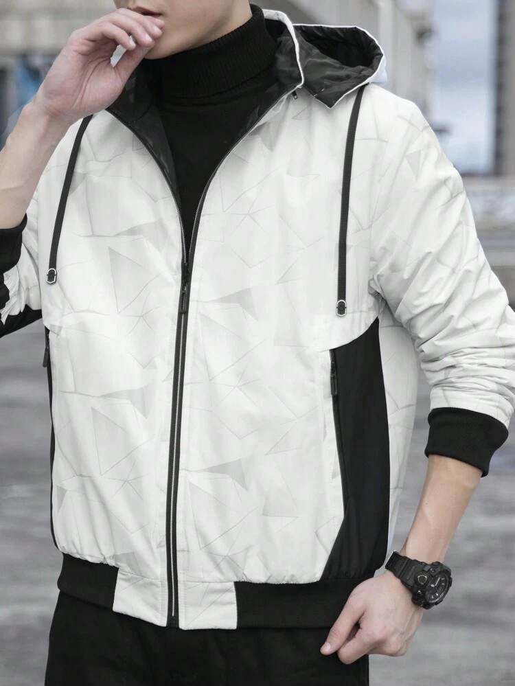 Men Geo Print Zip Up Drawstring Hooded Padded Coat