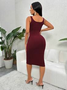 VaVaBold 半扣罗纹针织修身连衣裙 酒红色长款女装 - 酒紅色 - 查看 2