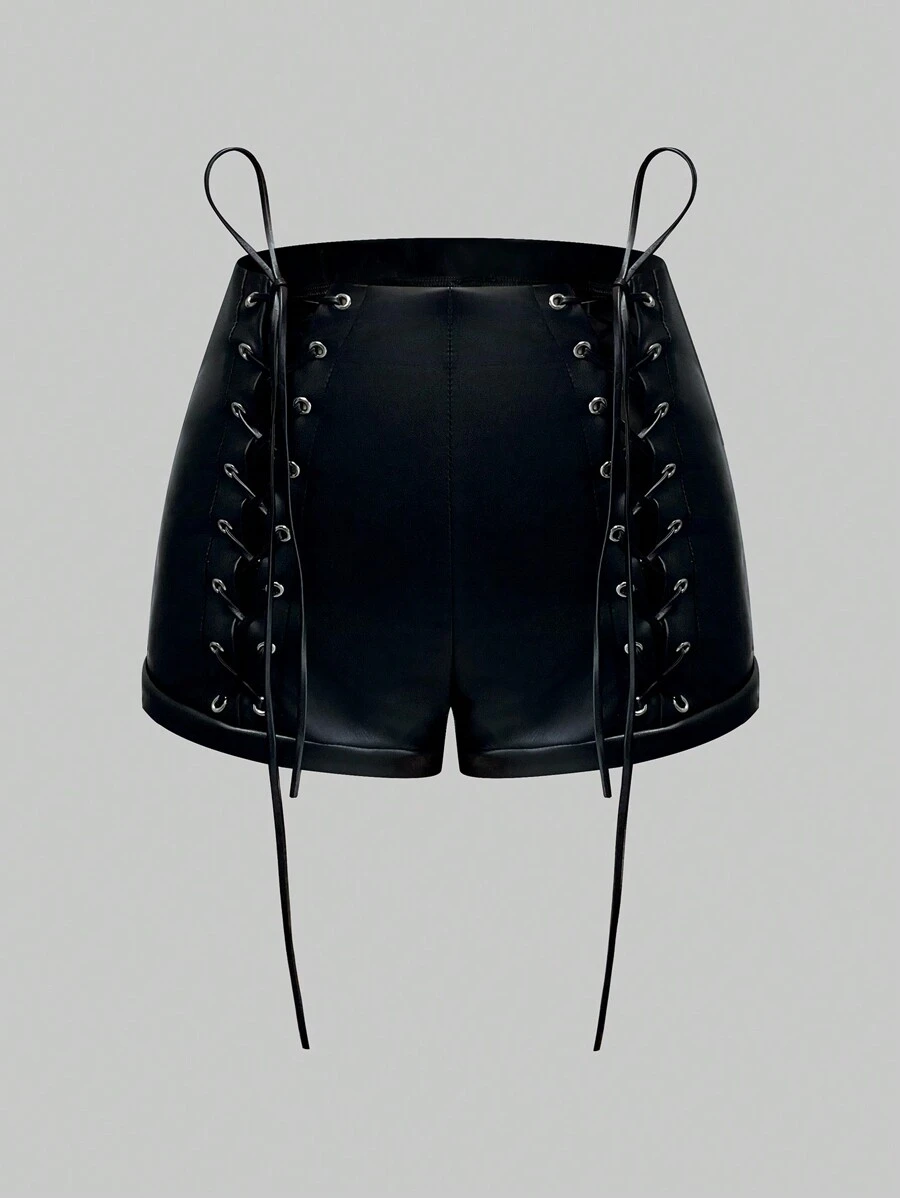 SHEIN ICON Lace Up Front PU Leather Shorts - Black - View 1