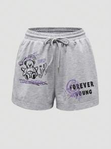 SHEIN EZwear Cartoon & Letter Graphic Drawstring Waist Shorts - Light Grey - View 1