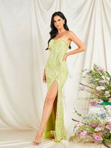 Missord One Shoulder Split Thigh Sequin Party Dress - Mint Green - View 4