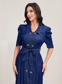 Mulvari Puff Sleeve Double Breasted Belted Dress - Navy Blue - View 6