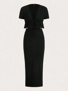 SHEIN EZwear Tie Front Peplum Top & Split Back Skirt