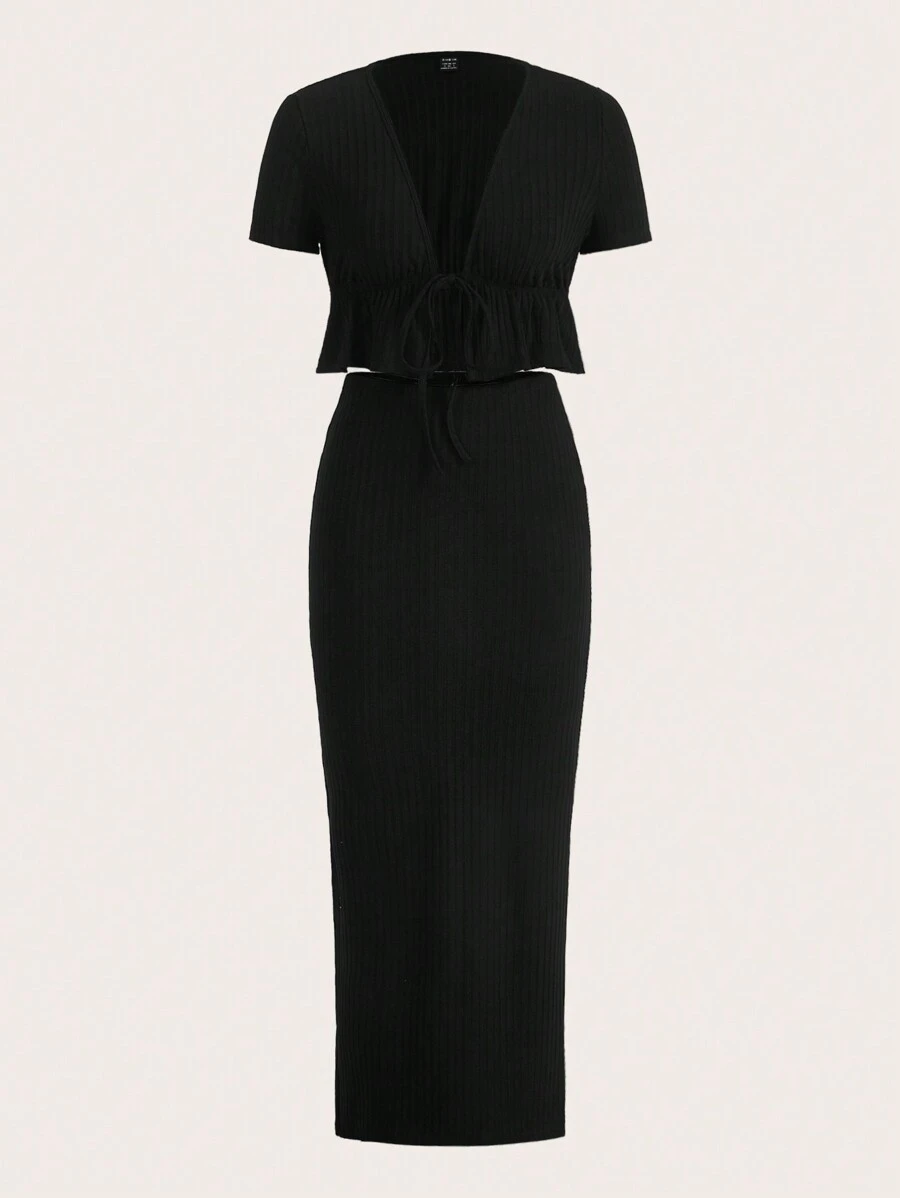 SHEIN EZwear Tie Front Peplum Top & Split Back Skirt