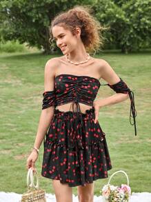 Soleia In Anh đào Mặt trước dây rút Áo ngoài vai & Xù Hoa Sen Váy - màu đen - Xem 6