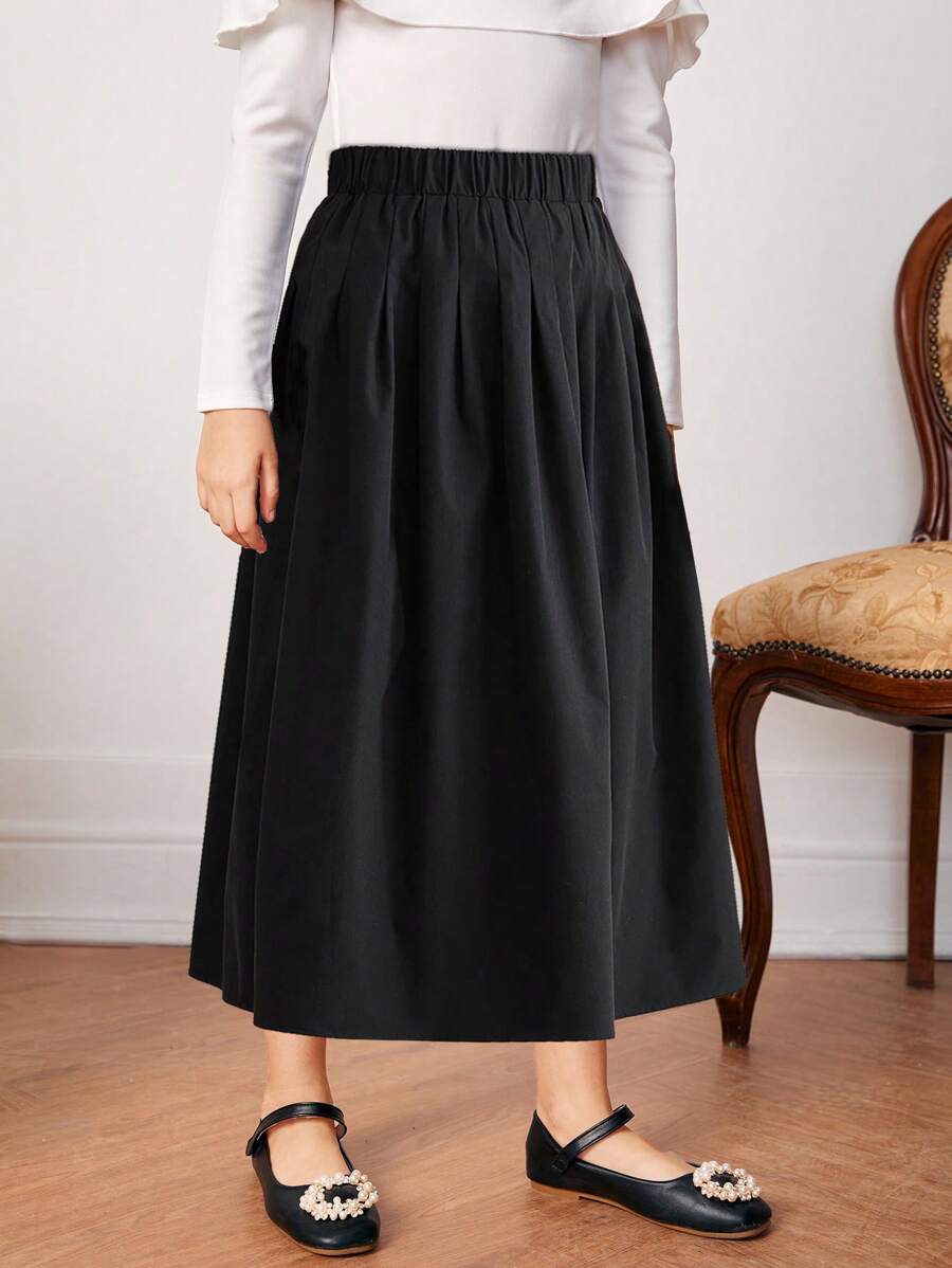 SHEIN 女大童素色彈性腰帶A字半身裙 - 黑色 - 查看 1