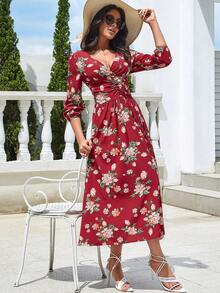 Eilly Bazar Floral Print Ruched Surplice Neck Dress - Multicolor - View 6