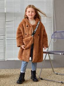 SHEIN 女小童雙排釦連帽毛茸茸外套&包 - 棕色 - 查看 5