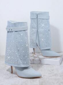 SHUZIA 水鑽裝飾尖頭細跟跟靴子 - 淺藍色 - 查看 5