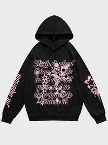 ROMWE MEN Grunge Punk 男士標語&骷髅頭圖案抽繩連帽衫 - 黑色 - 查看 1