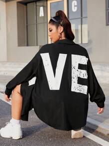 SHEIN EZwear 大碼字母圖案落肩袖襯衫 - 黑色 - 查看 3