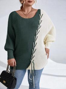 Calvaya 加大码双色系带蝙蝠袖针织套头衫秋冬毛衣 - 彩色 - 查看 6