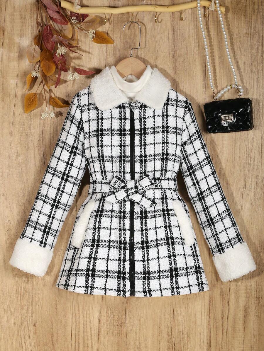 SHEIN 女大童1入組格紋印花羊絨領口腰帶外套 - 白色 - 查看 1