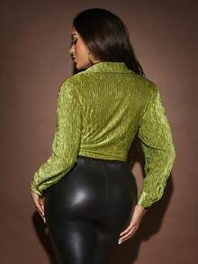 SHEIN SXY Tie Front Crop Shirt - Green - View 2