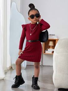 Young Girl Ruffle Trim Mock Neck Cable Knit Dress Without Belt - Burgundy - View 5