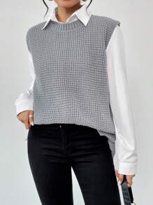 SHEIN Essnce Chất rắn Bên cạnh nút Áo len vest Không có áo lót - Xám - Xem 5