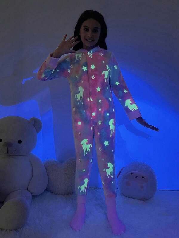 Chica preadolescente Mameluco de dormir reflectante con estampado de unicornio con capucha de franela