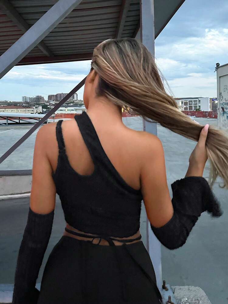 Solid Asymmetrical Neck Crop Top With Arm Sleeves