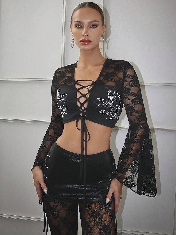 Rhinestone Detail Lace Up Front Flounce Sleeve Crop Top