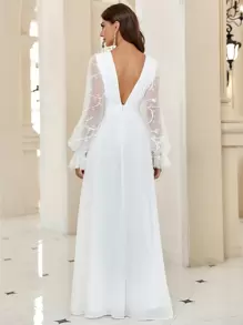 SHEIN Belle Plunging Neck Flare Sleeve Split Thigh Embroidery Mesh Wedding Dress, White Elegant Long Sleeve Bridal Dress, Bridal Shower Dress White Dress