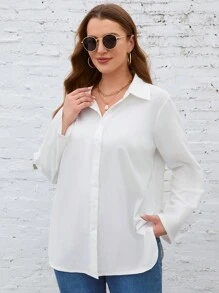 SHEIN LUNE Hơn Tay áo cuộn Nút phía trước Áo sơ mi - trắng - Xem 3