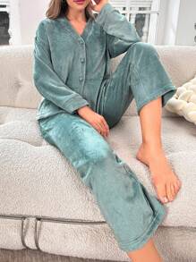 落肩纽扣前开襟家居服套装，秋冬服装，舒适套装，蓬松柔软 - 綠色 - 查看 4
