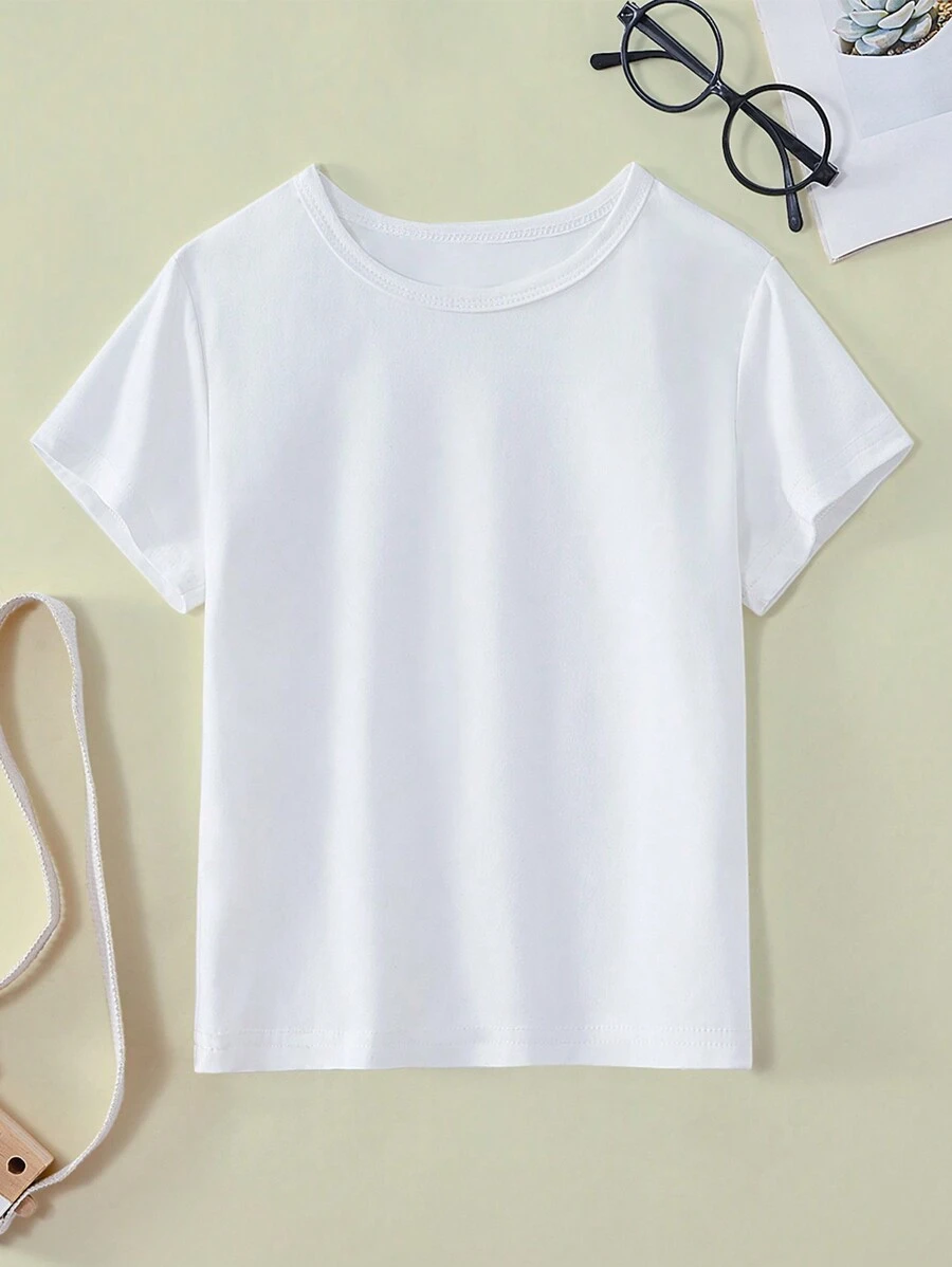 Young Girl Solid Round Neck Tee - White - View 1