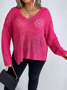 SHEIN LUNE Plus Pointelle Knit Drop Shoulder Split Hem Sweater Without Bra Knit Pullover Fall Winter Sweater - Hot Pink - View 4