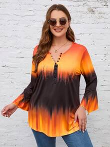 Plus Brush Print Flare Sleeve Tee - Multicolor - View 5