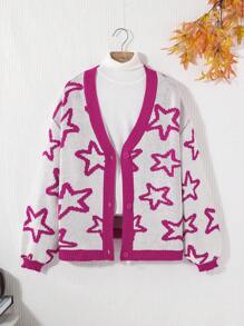 SHEIN 青少年女孩星星圖案落肩袖前紐扣開襟衫 - 彩色 - 查看 1