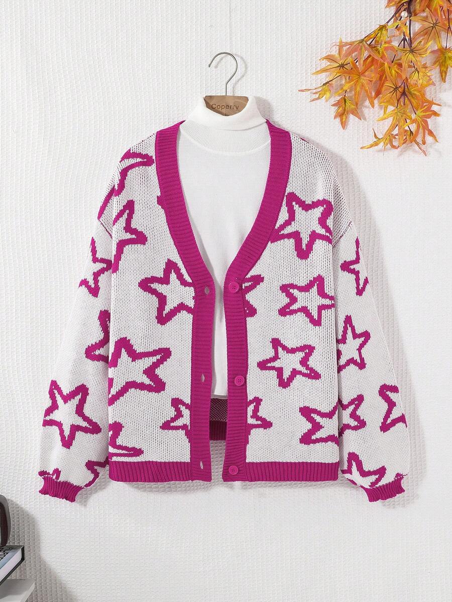 SHEIN 青少年女孩星星圖案落肩袖前紐扣開襟衫 - 彩色 - 查看 1