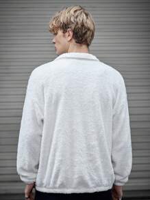 SWAVVY 1pc Loose Fit Teddy Jacket With Letter Patches And Drop Shoulder Design - White - View 2