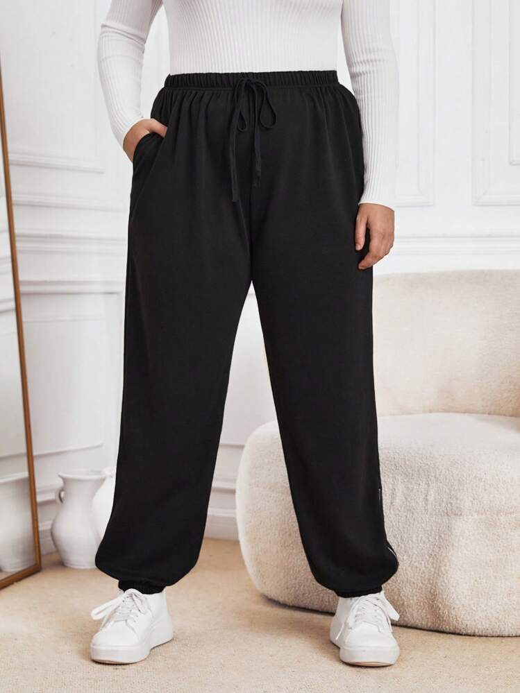 SHEIN Essnce מידות גדולות מכפלת מפוצלת מותן שרוך מכנסי טרנינג - שחור - ראה 6