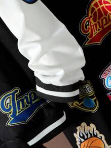 SHEIN Tween Boy Letter Graphic Two Tone Varsity Jacket & Sweatpants Without Tee - Black and White - View 5