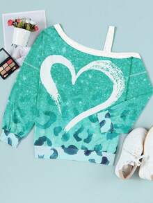 Felpe con stampa cuore scollatura asimmetrica spalle cadenti