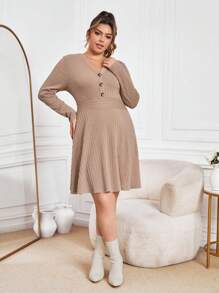 SHEIN Essnce Plus Button Front Ribbed Knit A-line Dress - Khaki - View 5