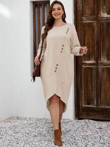 EMERY ROSE 大碼紐扣細節圍裹連衣裙 - 卡其色 - 查看 3