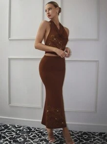 SHEINNeu Ca-vát Backless Áo hai dây & Váy nàng tiên cá - màu nâu - Xem 5