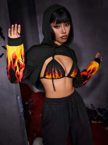 SHEIN ICON 萬聖節火圖案超短版抽繩連帽衫不附胸罩 - 黑色 - 查看 6