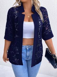 SHEIN LUNE Talla grande Blazer con parte delantera abierta con encaje - Azul Marino - Ver 3